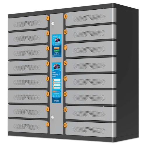 Kiosk Laptop Charging Cabinet USB-C 65W 16-bay (individual compartment - PIN locked), Suitable for USB-C laptops (to 17.3"), iPads, MacBooks, Chromebooks, other USB-C devices, Bays 448x328x12