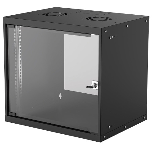 19" Network Cabinet - Wall Mount (Basic), 9U, 400mm Deep, Black, Flatpack, Max 50kg, Usable Depth 340mm, Glass Door, Rack, Parts for wall installation (eg screws and rawl plugs) not included