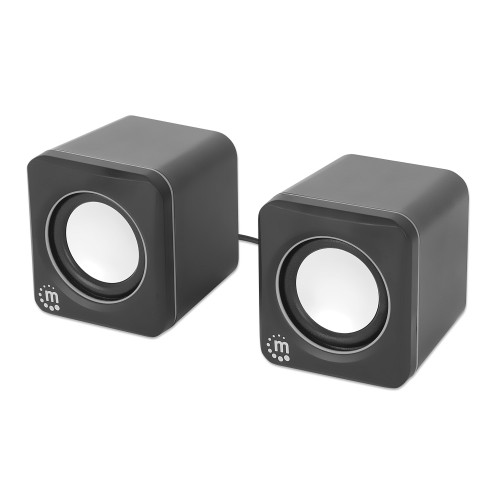 Manhattan 2600 Series Speaker System, Two Speakers, Black/Silver, USB for Stereo Audio and Power, Output: 2x 3W, Decent Sound, Integrated rotary volume control, USB-C/USB-A Adapter, Cable 1.4