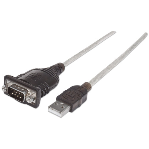 Manhattan USB-A to Serial Converter cable, 45cm, Male to Male, Serial/RS232/COM/DB9, Prolific PL-2303HXD Chip, Black/Silver cable, Three Year Warranty