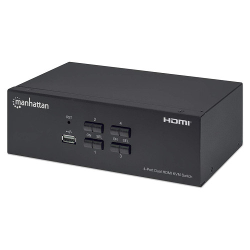 HDMI KVM Switch 4-Port, 4K@30Hz, USB-A/3.5mm Audio/Mic Connections, Cables included, Audio Support, Control 4x computers from one pc/mouse/screen, USB Powered, Black, Three Year Warranty