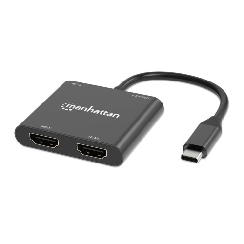 USB-C to Dual HDMI & USB-A Adapter, Dual 4K@30Hz or Single 4K@60Hz, Power Delivery 100W, 480 Mbps (USB 2.0), Cable 15cm, Black, Male to Female, Three Year Warranty