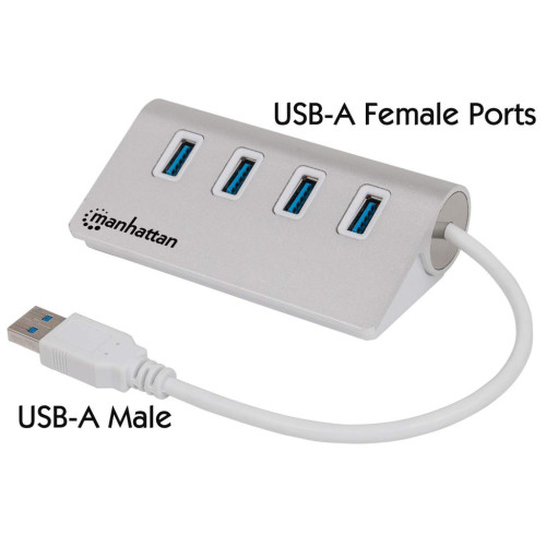 USB-A 4-Port Hub, 4x USB-A Ports, 5 Gbps (USB 3.2 Gen1 aka USB 3.0), Bus Powered, Fast charging up to 0.9A, SuperSpeed USB, Aluminium Housing, Windows and Mac, Silver, Three Year Warranty, Eq