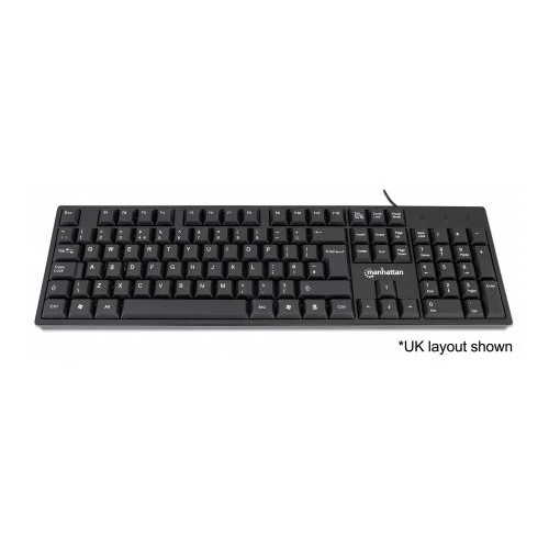Keyboard UK USB Wired, Standard Qwerty layout, Black, Full Size Keys, Cable 1.5m, USB-A connection, Plug and Play, Three Year Warranty, Retail Boxed