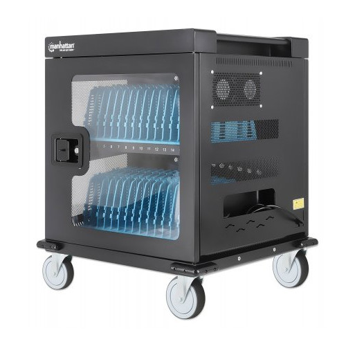Laptop Charging Cart/Trolley via AC Adapter (UK) 32-bay, Install device's AC Adapter (power cables) into unit, Suitable for ALL laptops (to 15.6"), iPads, MacBooks, Chromebooks, other USB-C d