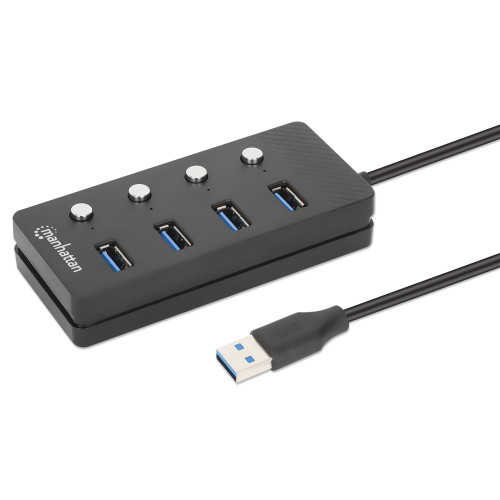 Manhattan USB-C Dock/Hub, Ports (x4) with on/off switch for each port: USB-A (x4), 5 Gbps (USB 3.2 Gen1 aka USB 3.0), Universal for all devices, Bus or AC powered (optional jack, not included