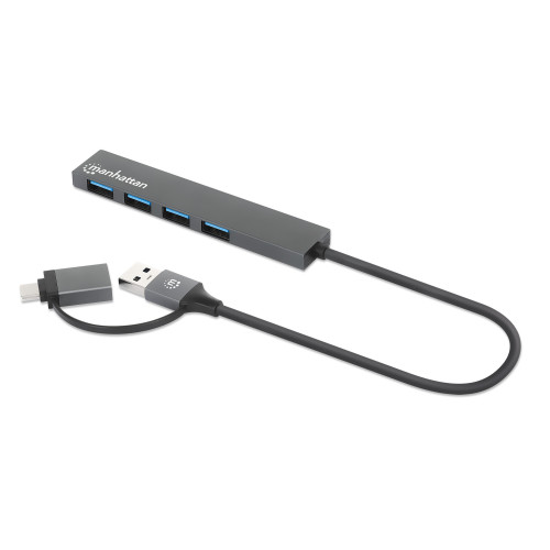 Manhattan USB-C & USB-A Combo Dock/Hub, Ports (4): USB-A (x4), 5 Gbps (USB 3.2 Gen1 aka USB 3.0), External Power Supply Not Needed, Universal for all devices, Cable 25cm, SuperSpeed USB, Blac
