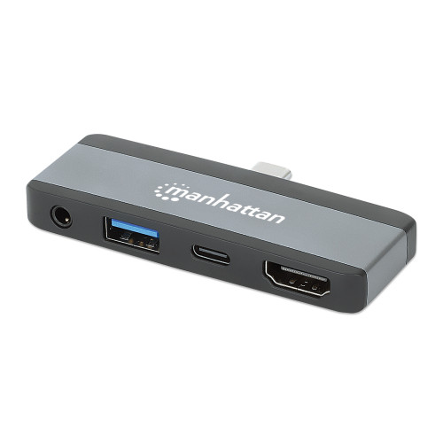 Manhattan USB-C Travel Dock/Hub, Ports (x4): HDMI, USB-A, USB-C and 3.5mm audio, With Power Delivery (100W) to USB-C Port, Black/Space Grey, External Power Supply Not Needed, All Ports can be
