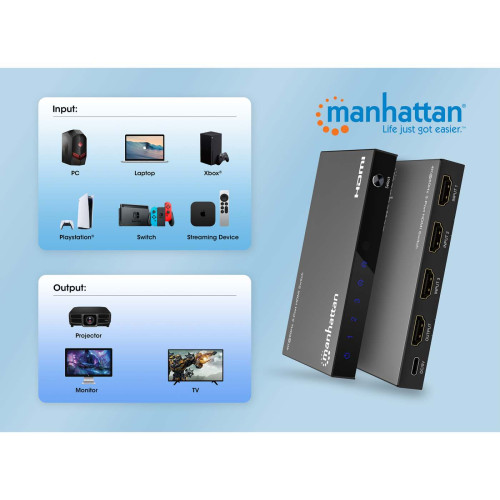 4K@60Hz 3-Port HDMI Switch, Switches Between Three HDMI Inputs on One HDMI Output (3x1), 18G, Automatic and Manual Switching, IR Remote Control, Black