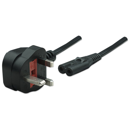 Mains Power Cord/Cable, UK 3-pin plug to C7 Female (figure of eight), 1.8m, 13A, Black, Lead, Lifetime Warranty