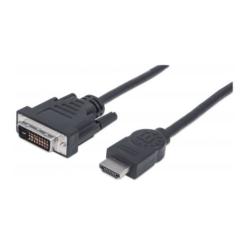 Manhattan HDMI to DVI-D 24+1 Cable, 2m, Male to Male, Black, Dual Link, Compatible with DVD-D, Lifetime Warranty, Equivalent to HDDVIMM2M