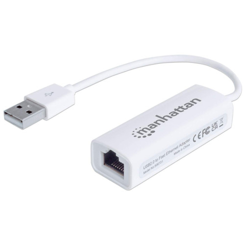 USB-A Fast Ethernet Adapter, 10/100 Mbps Network, 480 Mbps (USB 2.0), Hi-Speed USB, RJ45, White, Three Year Warranty