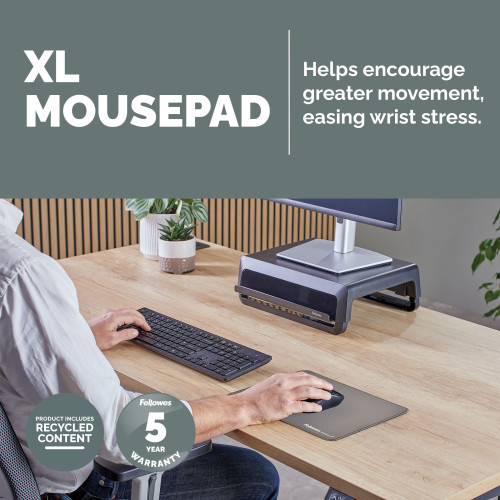 Fellowes Breyta XL Mouse Mat with Non-Slip Base XL Mouse Pad with Antibacterial Protection Grey - 100139316