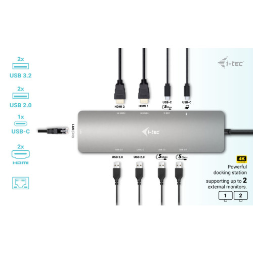 i-tec Metal USB-C Nano 2x Display Docking Station with PD 100 W + Charger 100W - C31NANOHDM2D100UK