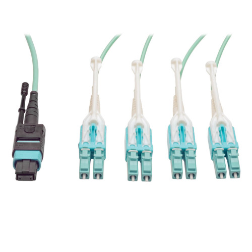 N844-03M-8LC-PT MTP/MPO Fan-out Cable with Push/Pull Tab Connectors, MTP/MPO to 4xLC, 40GbE, 40GBASE-SR4,OM3 Plenum-rated - Aqua, 3M (9.84 ft.)