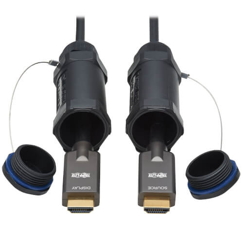 P568FA-50M-W High-Speed Armored HDMI Fiber Active Optical Cable (AOC) with Hooded Connectors - 4K @ 60 Hz, HDR, IP68, M/M, Black, 50 m (164 ft.)