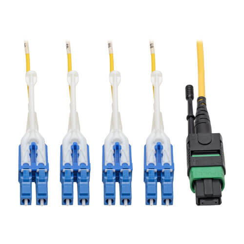 Tripp Lite N390-01M-8LC-AP MTP/MPO (APC) to 4xLC (UPC) Singlemode Breakout Patch Cable, 40/100 GbE, QSFP+ 40GBASE-PLR4, Plenum, Yellow, 1 m (3.3 ft.)