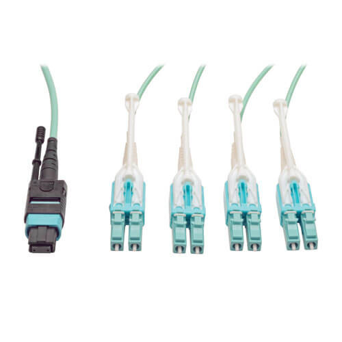 N844-01M-8LC-PT MTP/MPO Fan-out Cable with Push/Pull Tab Connectors, MTP/MPO to 4xLC, 40GbE, 40GBASE-SR4,OM3 Plenum-rated - Aqua, 1M (3.28 ft.)