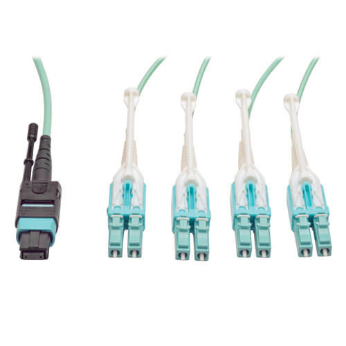 N844-02M-8LC-PT MTP/MPO Fan-out Cable with Push/Pull Tab Connectors, MTP/MPO to 4xLC, 40GbE, 40GBASE-SR4,OM3 Plenum-rated - Aqua, 2M (6.56 ft.)