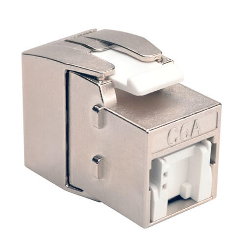 Tripp Lite N238-001-SH-TFA Toolless Shielded Cat6a Keystone Jack, PoE/PoE+ Compliant, Shuttered - Silver, TAA