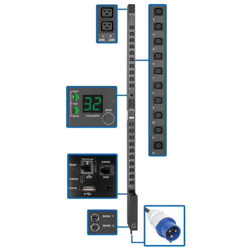 PDUMV32HVNETLX 7.7kW Single-Phase Switched PDU with LX Platform Interface, 230V Output, IEC 309 32A Blue, 10 ft. (3.05 m) Cord, 0U, TAA