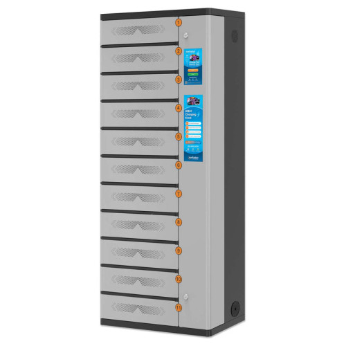 Kiosk Laptop Charging Cabinet USB-C 65W 11-bay (individual compartment - PIN locked), Suitable for USB-C laptops (to 17.3"), iPads, MacBooks, Chromebooks, other USB-C devices, Bays 448x328x12