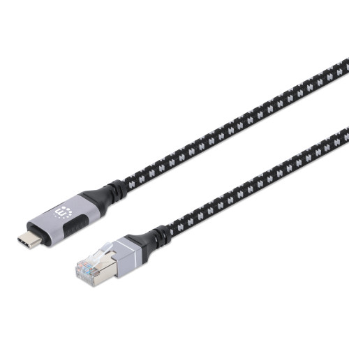 USB-C to Gigabit (10/100/1000 Mbps) Network Ethernet RJ45 Cable, Length 2m, Multi-Gigabit Ethernet, Black/Silver, Three Year Warranty