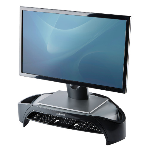 Fellowes Computer Monitor Stand with 3 Height Adjustments - Smart Suites Monitor Riser Plus with Storage Area - Ergonomic Adjustable Monitor Stand for Computers - Max Weight 10KG/Max Size 21"