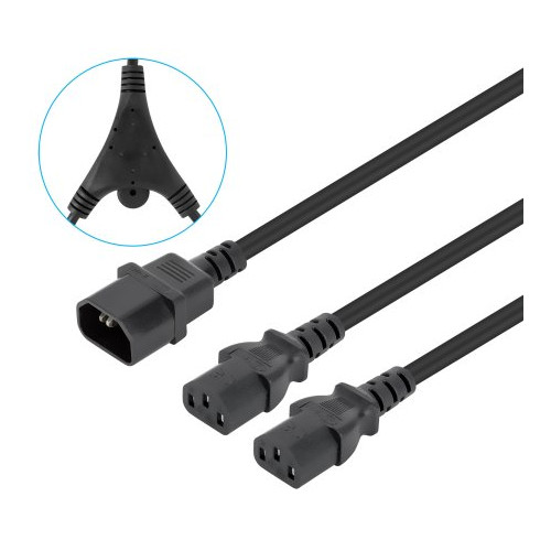 Power Cord/Cable Y-Splitter, C14 Male to 2x C13 Female (kettle lead), Monitor to CPU, 1.8m, 10A, Black, Powers two devices from one PDU, Lead, Lifetime Warranty