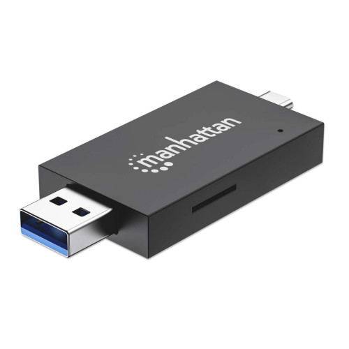 USB-A / USB-C combo Multi-Card Reader/Writer, 5 Gbps (USB 3.2 Gen1 aka USB 3.0), Male to microSD and SD/MMC Slots, Mini Format, SuperSpeed USB, Windows or Mac, Black/Transparent, Three Year W