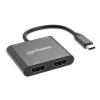 Manhattan USB-C to Dual HDMI & USB-A Adapter, Dual 4K@30Hz or Single 4K@60Hz, Power Delivery 100W, 480 Mbps (USB 2.0), Cable 15cm, Black, Male to Female, Three Year Warranty - 154321