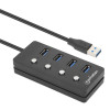 USB-C Dock/Hub, Ports (x4) with on/off switch for each port: USB-A (x4), 5 Gbps (USB 3.2 Gen1 aka USB 3.0), Universal for all devices, Bus or AC powered (optional jack, not included), Cable 1