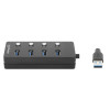 USB-C Dock/Hub, Ports (x4) with on/off switch for each port: USB-A (x4), 5 Gbps (USB 3.2 Gen1 aka USB 3.0), Universal for all devices, Bus or AC powered (optional jack, not included), Cable 1