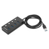 USB-C Dock/Hub, Ports (x4) with on/off switch for each port: USB-A (x4), 5 Gbps (USB 3.2 Gen1 aka USB 3.0), Universal for all devices, Bus or AC powered (optional jack, not included), Cable 1