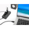 USB-C Dock/Hub, Ports (x4) with on/off switch for each port: USB-A (x4), 5 Gbps (USB 3.2 Gen1 aka USB 3.0), Universal for all devices, Bus or AC powered (optional jack, not included), Cable 1