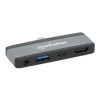 Manhattan USB-C Travel Dock/Hub, Ports (x4): HDMI, USB-A, USB-C and 3.5mm audio, With Power Delivery (100W) to USB-C Port, Black/Space Grey, External Power Supply Not Needed, All Ports can be