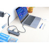 USB-C Dock/Hub with Card Reader, Ports (x7): Ethernet, HDMI, USB-A (x3) and USB-C (x2), with Power Delivery (PD) 100W- requires external USB-C charger (not included). USB powered (no external